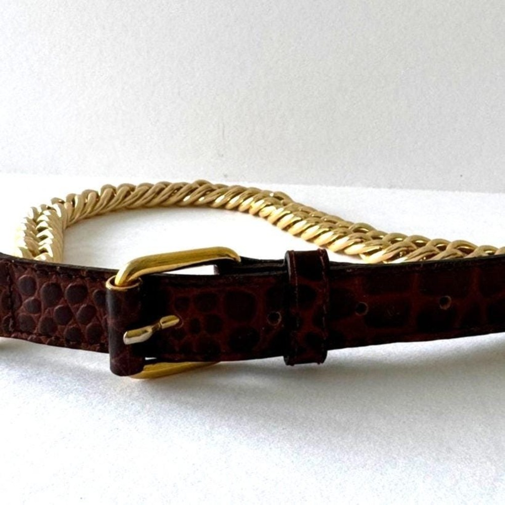 Vintage Italian Croc Embossed Leather Belt, Gold Chain Hardware